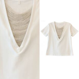 超好看短款 T恤修身 高级感V领链条正肩短袖 上衣323 小四专享