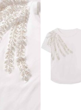 【小四专享】休闲设计感白色短袖刺绣装饰休闲上衣显瘦百搭3013