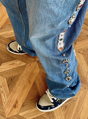 kapital宝石牛仔裤蓝色做旧复古休闲款微喇叭直筒牛仔长裤情侣款