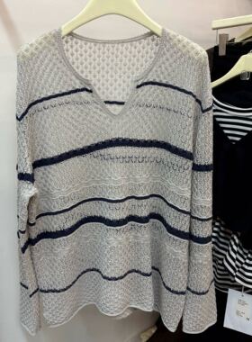 【小四专享】货时尚V领条纹针织衫女宽松显瘦百搭上衣