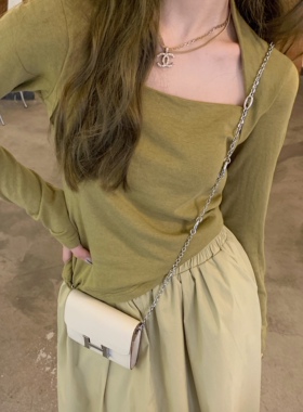 长袖t上衣女初秋薄款锁骨方领不规则内搭打底面膜衫修身显瘦辣妹