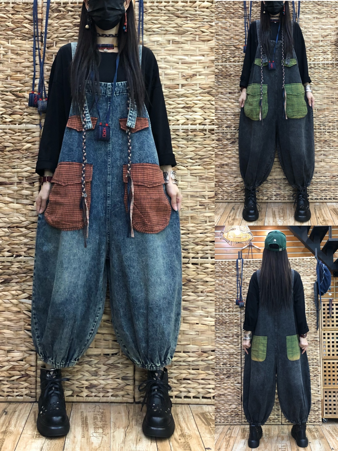 减龄宽松灯笼牛仔背带裤女2022年春夏新款做旧大口袋遮肉八分裤潮