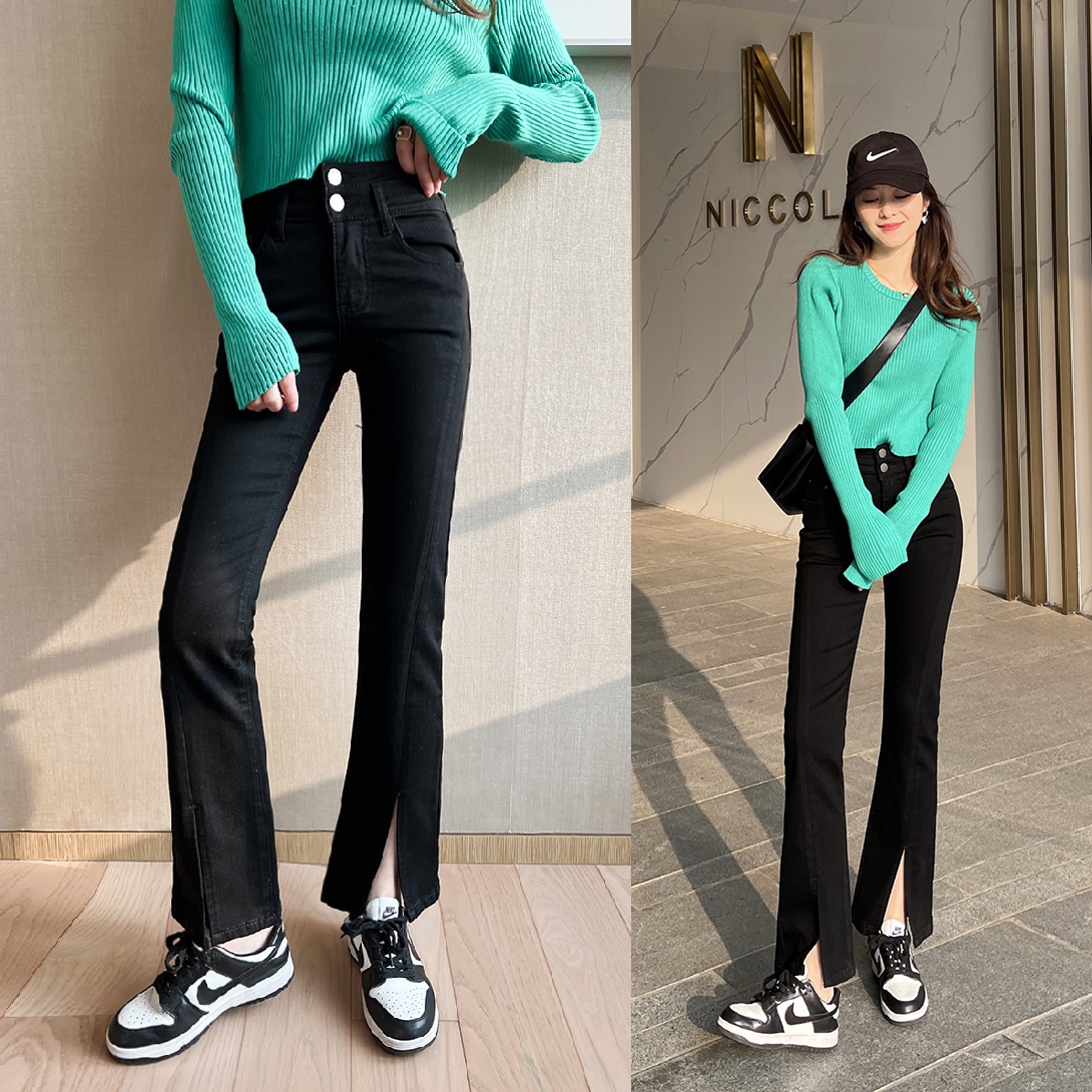 巨显瘦小个子九分开叉喇叭牛仔裤