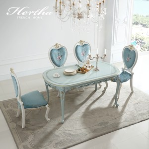 赫莎法式田园风1.6M椭圆餐桌蓝色欧式餐桌椅非全桦木定制饭桌P6