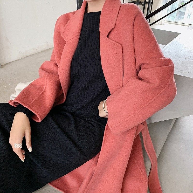 粉色手工双面零羊绒大衣女2022冬季新款韩版中长款显瘦羊毛呢外套