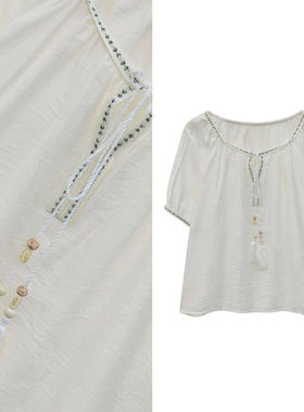 【甜甜圈专享】韩系文艺复古黄色短袖上衣气质系带流苏织带边小衫