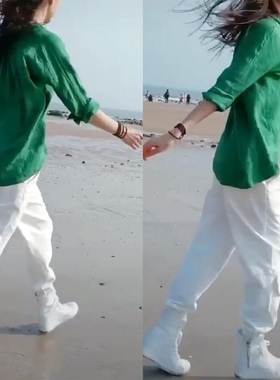 抖音同款绿色气质长袖衬衫2023年春新款高腰松紧休闲萝卜裤套装女