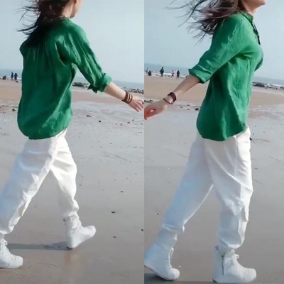 高腰时尚休闲长袖衬衫绿色