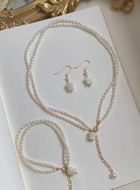 双层铃兰花珍珠耳环天然项链