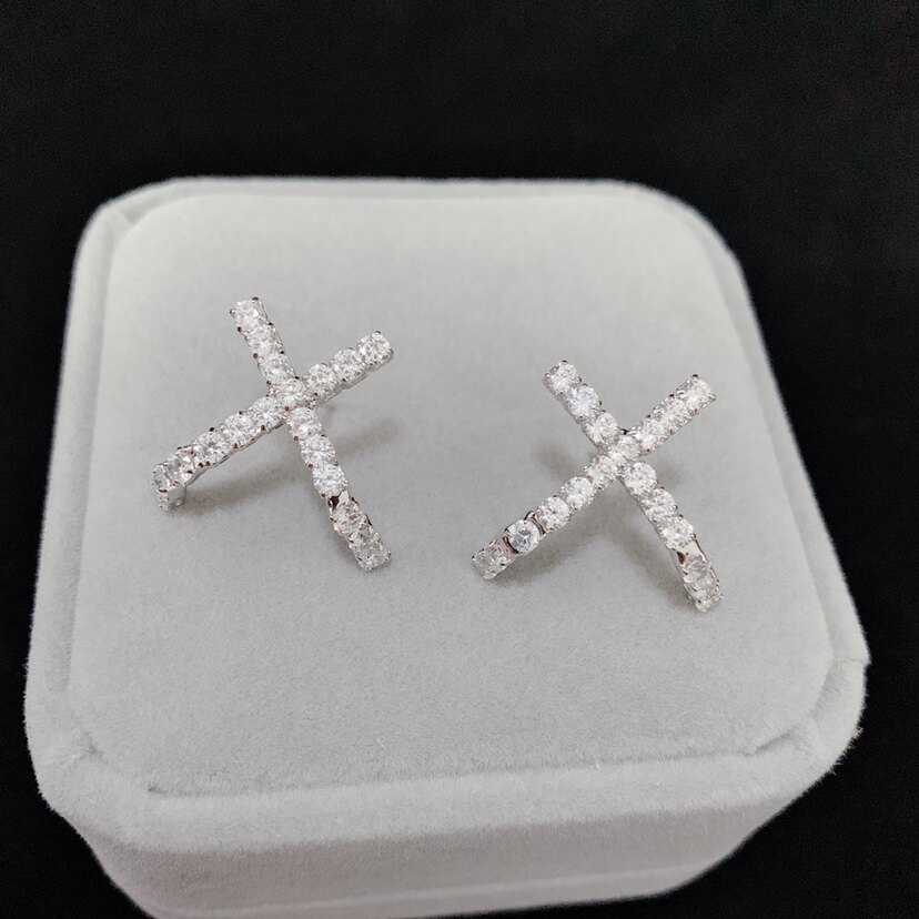 2110新款日韩银针气质淑女超闪锆石水钻交叉图案耳环耳饰女