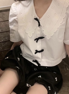 钩花蝴蝶结衬衫女春夏2021法式少女泡泡袖小众娃娃领设计感ins韩