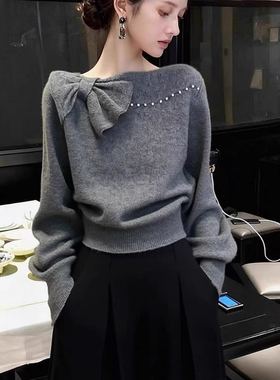 【甜馨tia专享】蝴蝶结设计~一字肩重工钉珠针织毛衣女