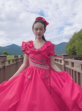 中国红大红色齐地拖尾大摆裙独唱主持晚礼服舞台装定制可按图定制