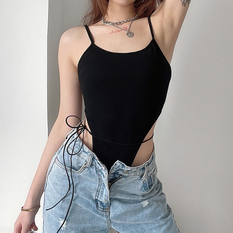 sexy halter lace-up sling bodysuit性感露背系带紧身吊带连体衣