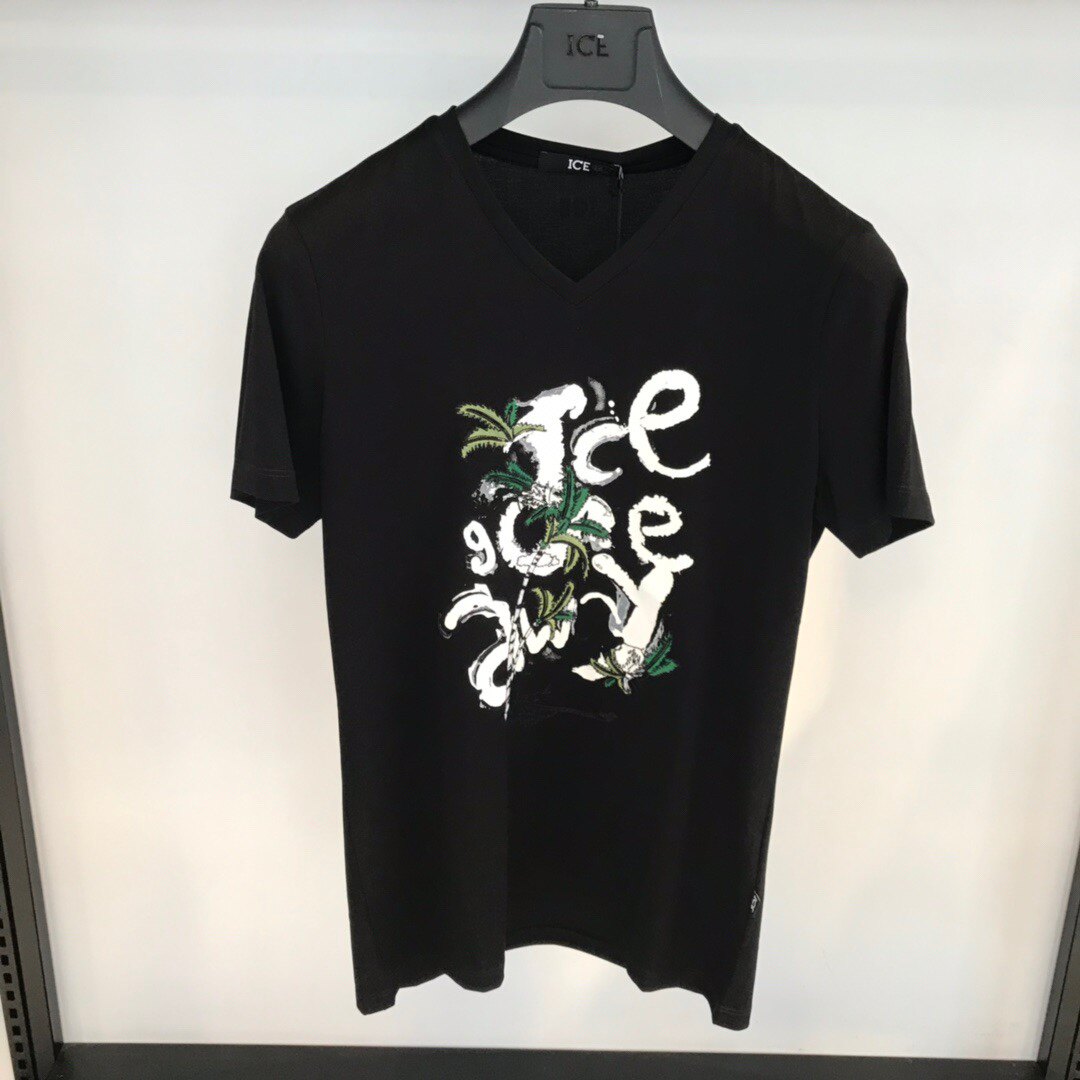 ICE冰山男士春夏新品字母花卉印花V领修身短袖T恤