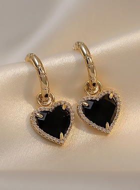 2021年新款满钻黑色爱心耳环女s925银针半C形耳钉小众设计感耳饰