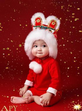 虎头帽新年红色中国风摄影服