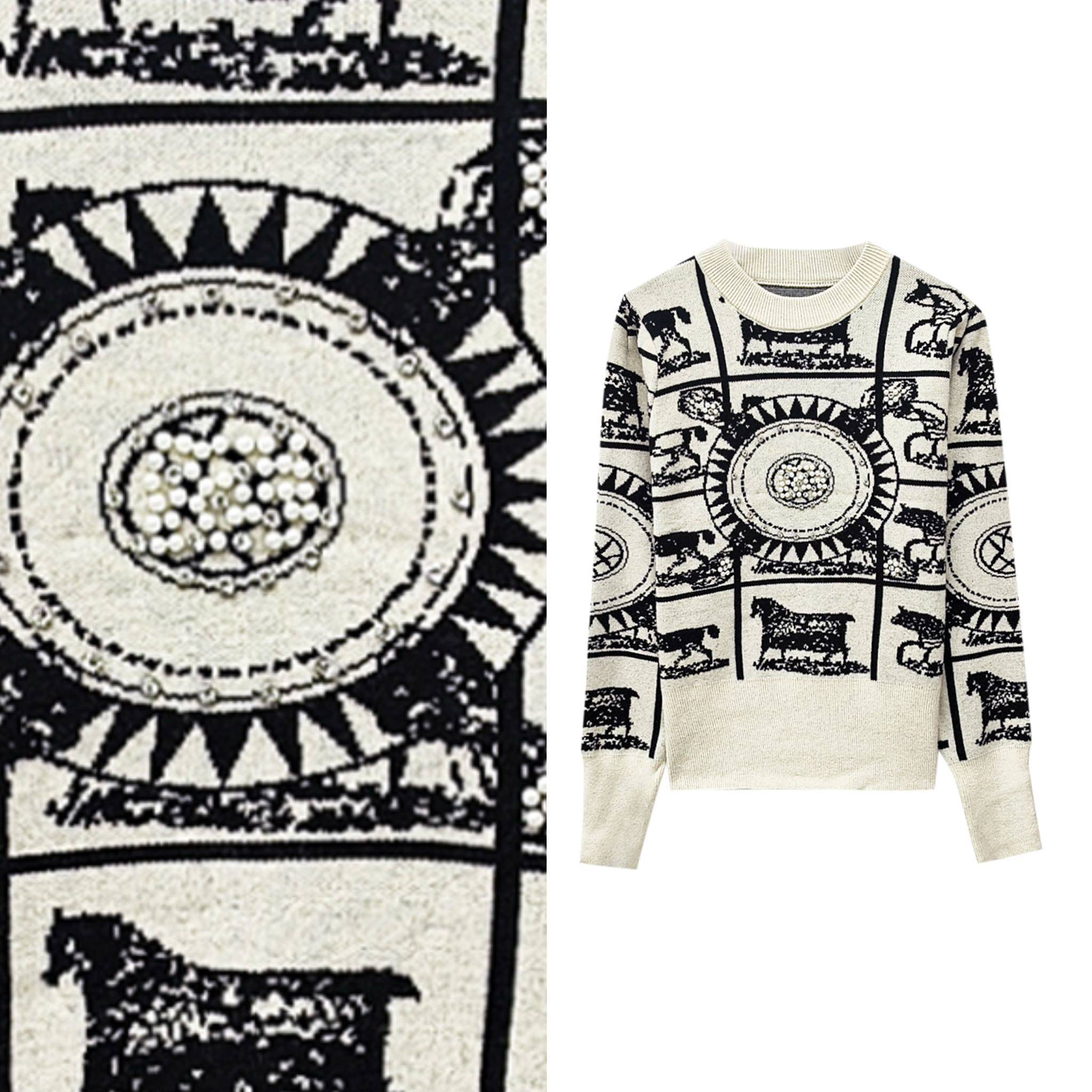 【玉米专享】欧货高级感图腾钉珠圆领毛衣半高领针织衫上衣1217