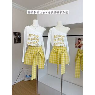 甜甜专享～多巴胺穿搭印花宽松T恤上衣女绑带格子短裙套装3012