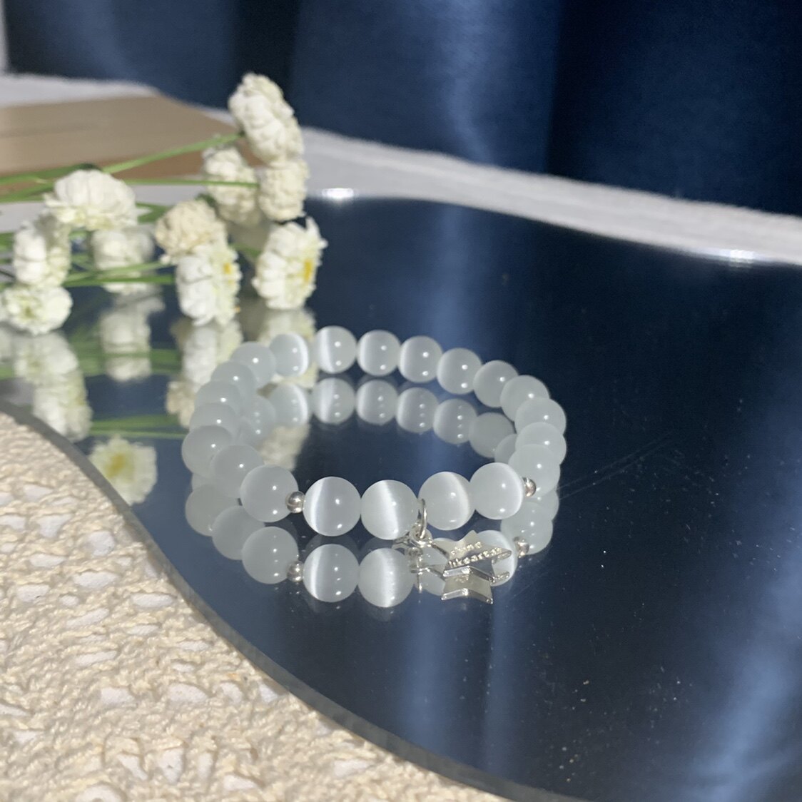 「小女孩」纯净白猫眼石少女心小清新纯银ins白色小众简约手链女