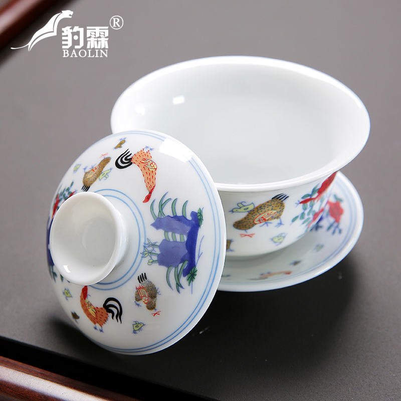 德化白瓷斗彩鸡缸三才盖碗不烫手泡茶盖碗单个功夫茶具中式敬茶杯