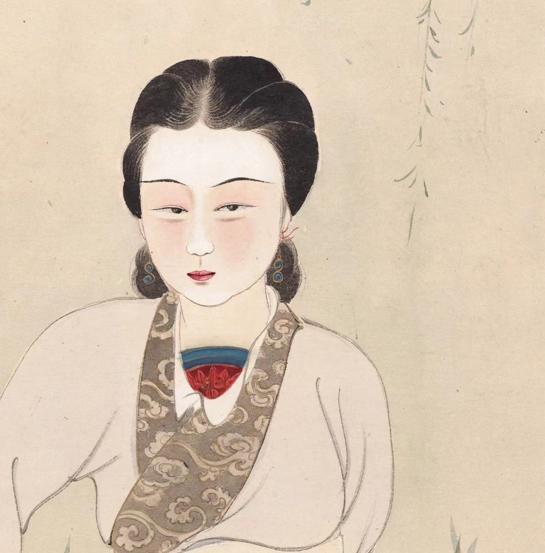 张大千 柳荫仕女图 人物图 书法国画立轴 墙面装饰画 微喷复制品