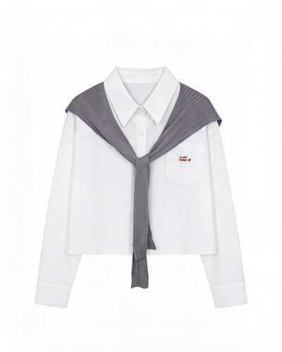 玉米专享～配披肩彩色字母刺绣口袋设计小个子衬衫两件套女86032