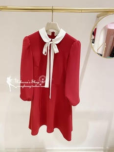 娃娃款灯笼袖丝带蝴蝶结连衣裙淑女蝴蝶结系带通勤高腰红色连衣裙