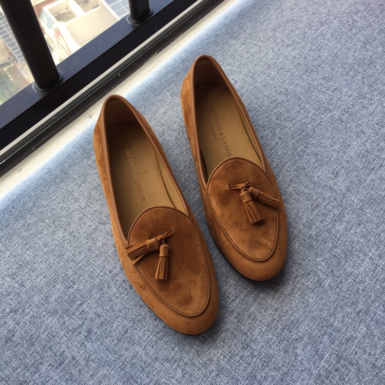 2021新流苏乐福鞋女一脚蹬套脚英伦风棕色小皮鞋反绒皮平底单鞋秋