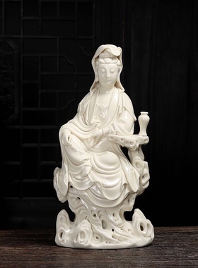 陶瓷摆件《坐岩自在观音菩萨像》王秋芳雕塑观世音菩萨佛像