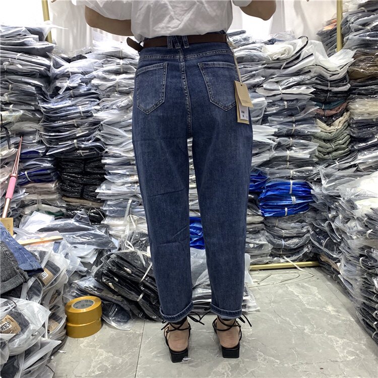 伊妮儿2636白色黑色后腰W牛仔裤哈伦裤2021秋新品高腰韩版九分女