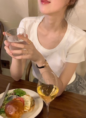 自制纯色短袖T恤女夏2022韩国进口螺纹棉基础款百搭打底衫u型ins