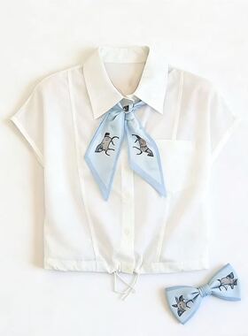 玉米专享～高端轻奢女装丝巾系带短袖衬衫纯色上衣夏1626