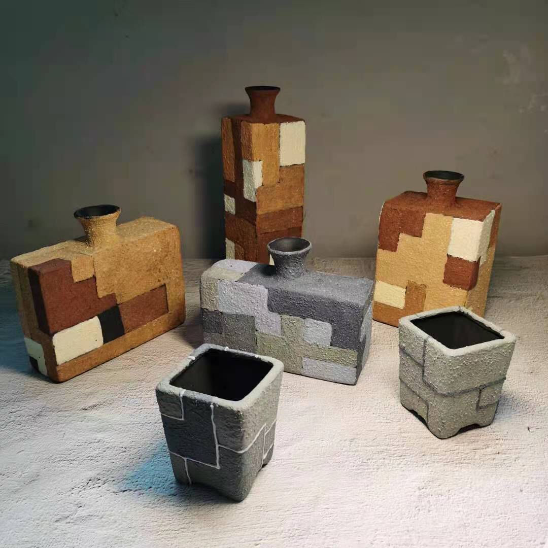 花瓶花盆岩石系列插花多肉粗陶定制旭哥手作方形方器