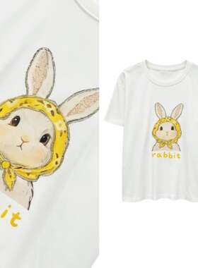 【玉米专享】正肩短袖T恤高级感纯棉花朵兔子宽松圆领上衣4016