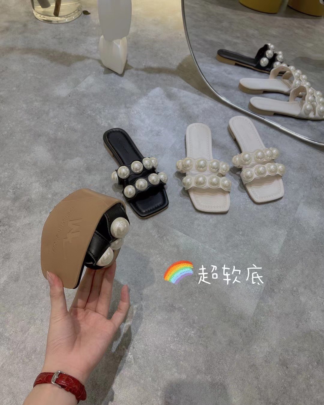 平底拖鞋女外穿2021夏新款百搭仙女風珍珠方頭一字涼拖鞋女ins潮