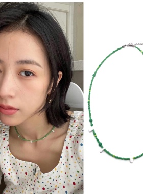 周雨彤同款绿色米珠点缀项链碎石