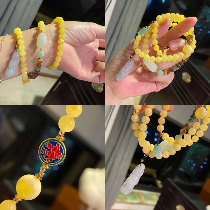 天然金绞蜜搭配翡翠豆豆多圈手串 青奢复古时尚手链女