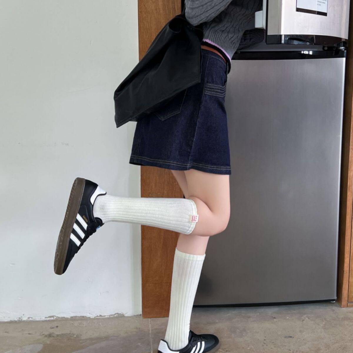 韩国小姐姐侧边布标小腿袜显瘦纯色基础小腿袜微压日系jk小腿袜子