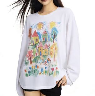 【小田tia专享】美式彩绘涂鸦~春季新款高级感宽松长袖T恤女