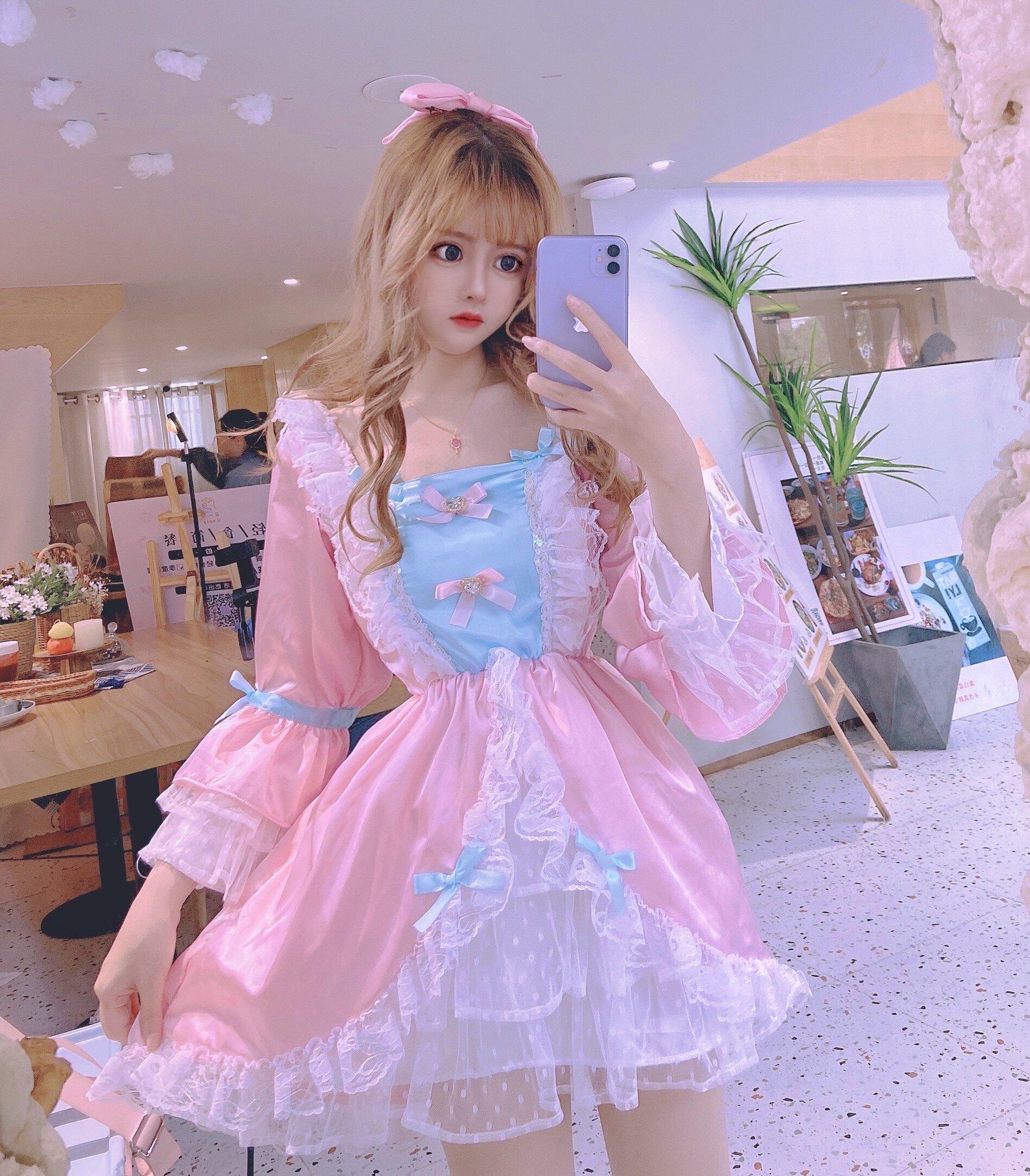 甜美粉蓝撞色清新公主蝴蝶结木耳边连衣裙