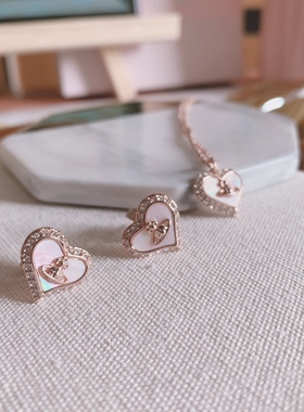 欧美饰品 西太后 薇薇安心型爱心镶钻贝壳土星项链 耳钉 套装包邮