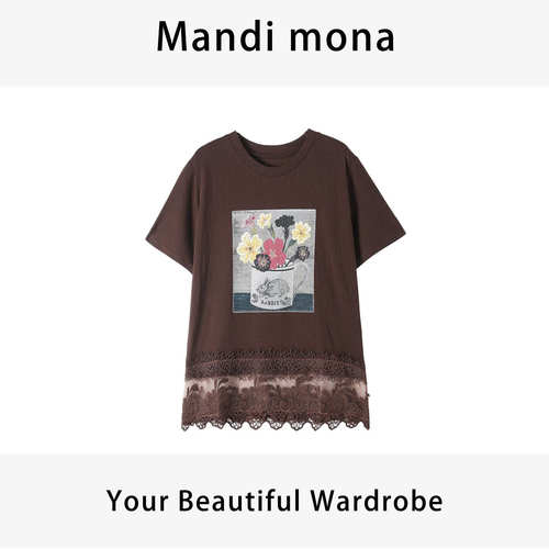 Mandi mona /【桃雾浅浅】气质圆领蕾丝拼接短袖MM513D007