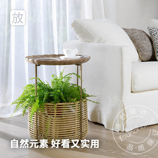 foundhome 新品 创意小茶几实木藤编角几圆形北欧客厅沙发铁艺边几