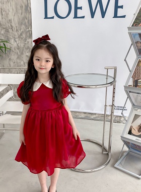 ins韩版春夏红色翻领欧根纱连衣裙儿童气质娃娃领生日娃娃裙