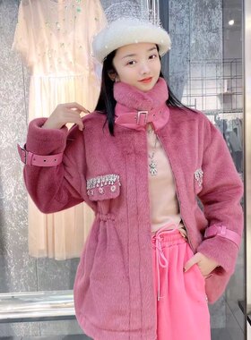 水貂绒皮毛一体抽绳收腰短外套