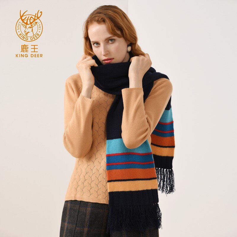冬季正品鹿王羊绒围巾女百搭情侣手钩彩条山羊绒简约大方厚款围脖