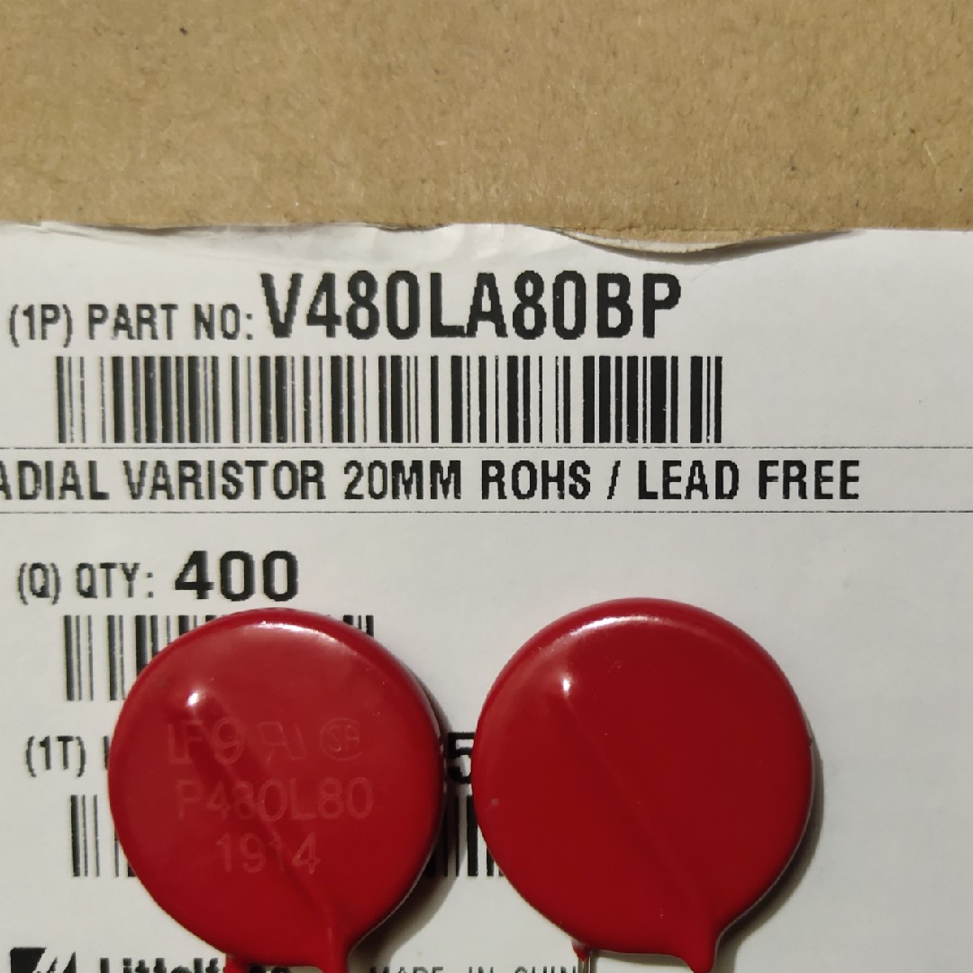 力特压敏电阻V480LA80BP压敏电阻 480V 550pF丝印P480L80脚距20MM