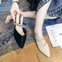 Diamond with Baotou half slippers women's spring and summer new leaky heel shoes black high heel shoes thin heel sandals fashion