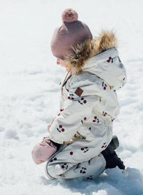 20年冬季新款拉链毛领樱桃儿童连体棉服爬服滑雪服防风防水保暖